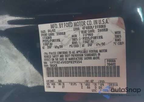 2002 Ford Ranger Edge/Tremor/Xl/Xlt из США, поврежденный, VIN 1FTYR14V02PB29354